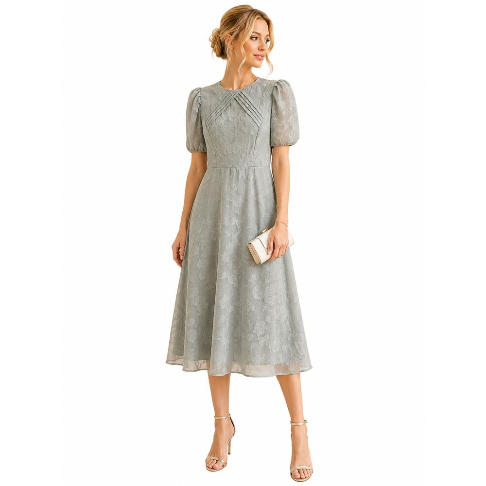 LR2208  Dusty Blue Floral Midi Dress Puff Sleeve Women’s XL Wedding Guest
